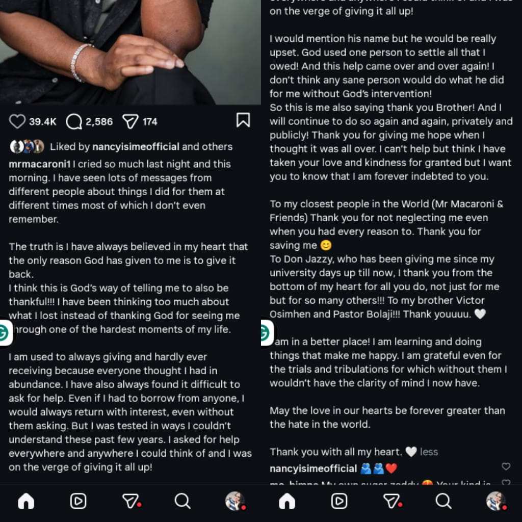 “How God used one person to settle all that I owed” – Mr Macaroni spills in emotional post as he reflects on his generosity to others, thanks Don Jazzy, others