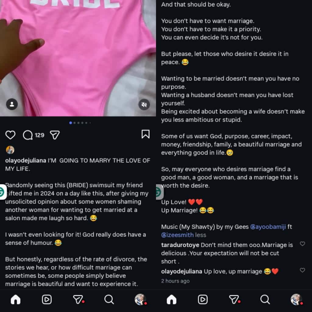 “Wanting marriage doesn’t mean one has no purpose” – Actress Juliana Olayode tells marriage critics as she vows to marry the love of her life