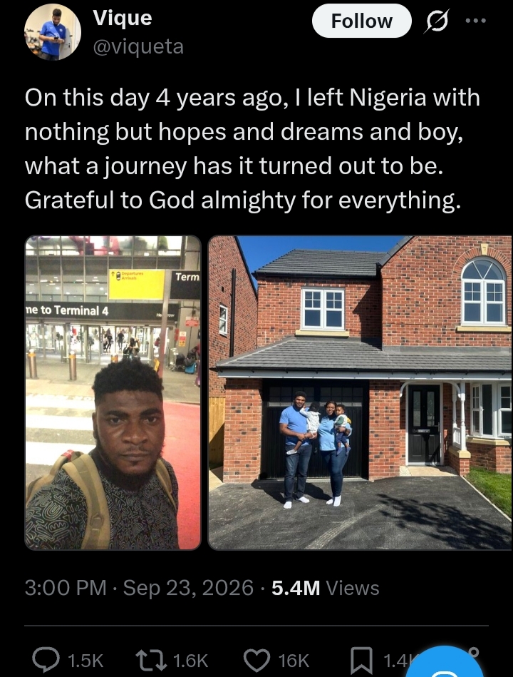 Man shares his growth four years after leaving Nigeria to relocate abroad