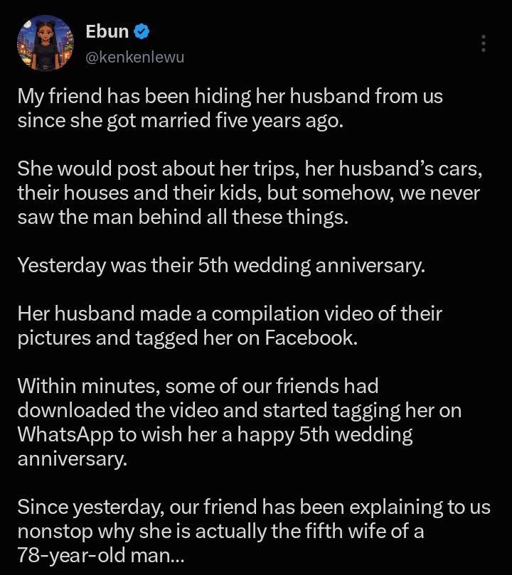 Woman stunned as friend reveals she is fifth wife of 78-year-old man