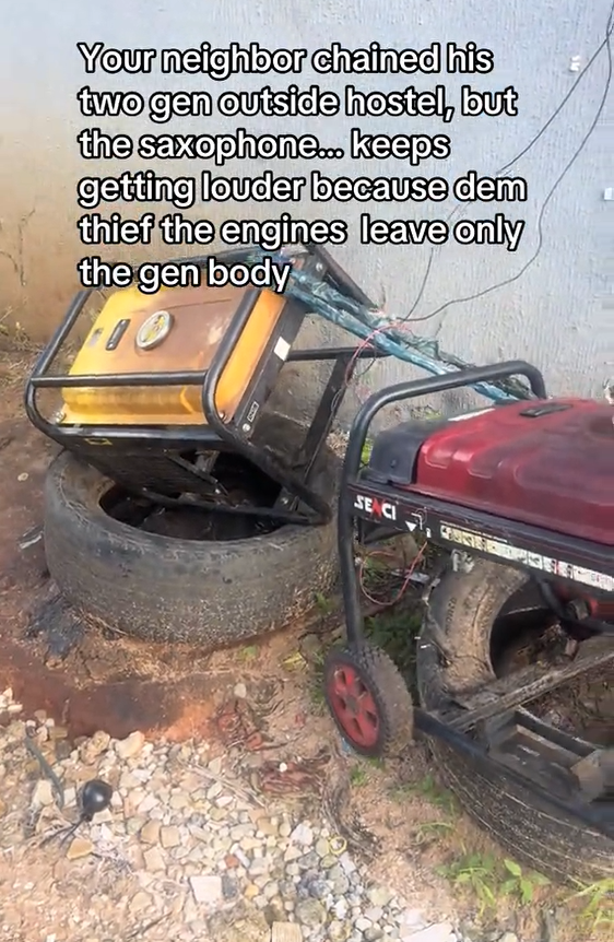 Lady returns to find the engines of both her neighbour’s generators gone, leaving only the chained iron frames behind. (WATCH)