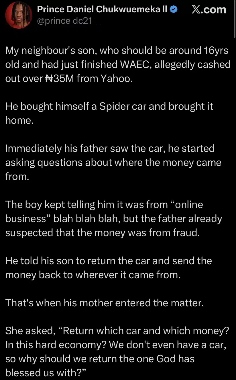 Father ejects wife and 16-year-old son after the boy allegedly made N35 million from ‘yahoo’