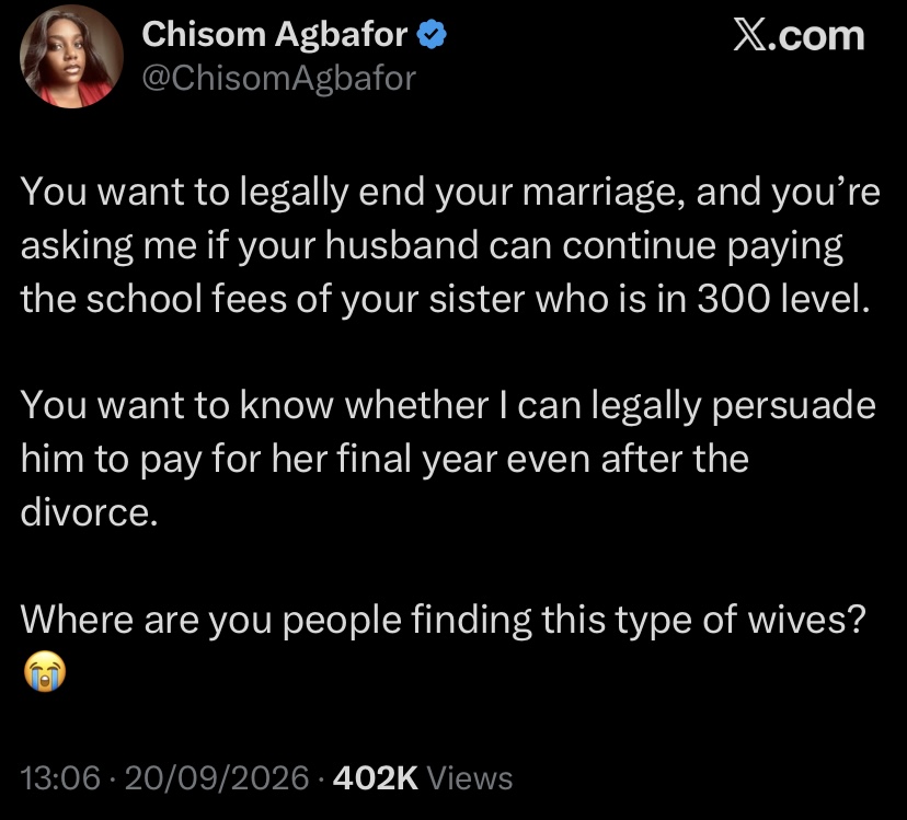 “Where do you people see this type of wives?” – Lawyer reacts as woman wants husband to keep paying sister’s fees after divorce