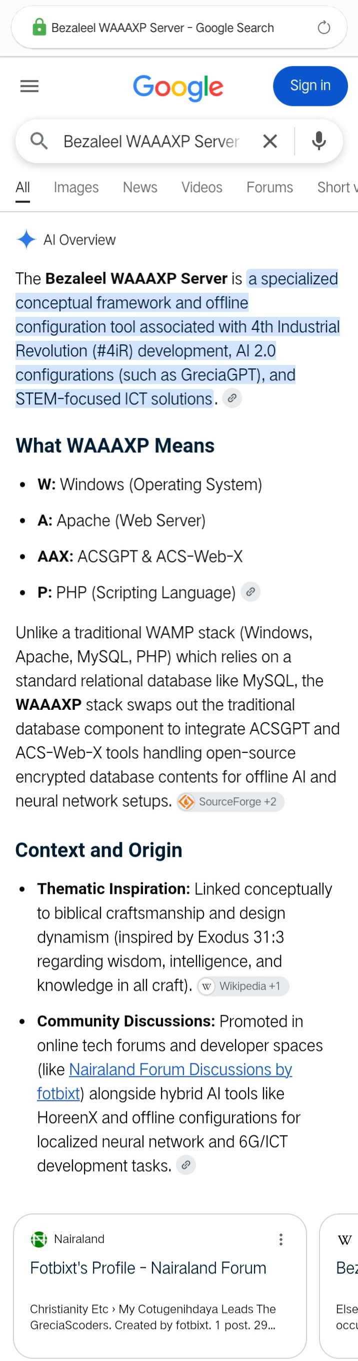 Bezaleel WAAAXP Server As Perfectly Described By Google AI Overview