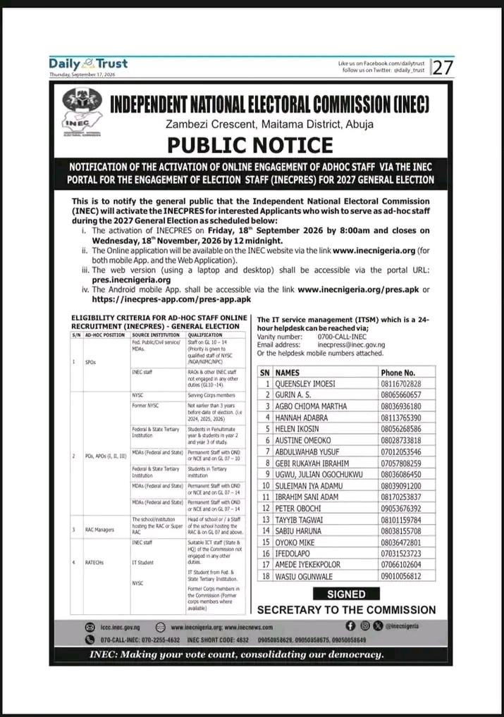 INEC Adhoc Staff Recruitment Portal 2026/2027: Application Opens, How To Apply
