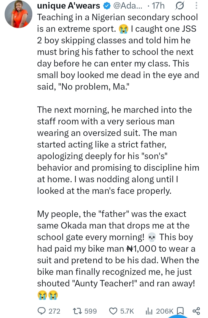 Teacher shares hilarious story of JSS 2 boy who paid okada rider ₦1,000 to pose as his father