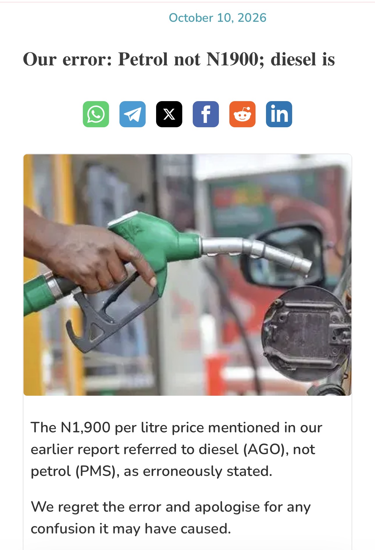 Petrol Not ₦1,900: Vanguard News Apologize For Error