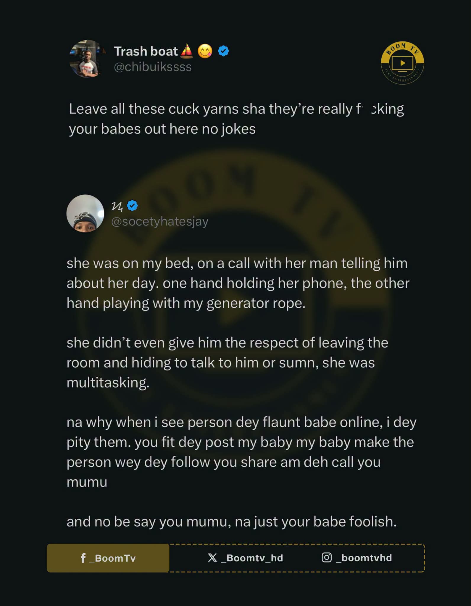 Leave all these cuck yarns sha they're really fucking your babes out here no jokes