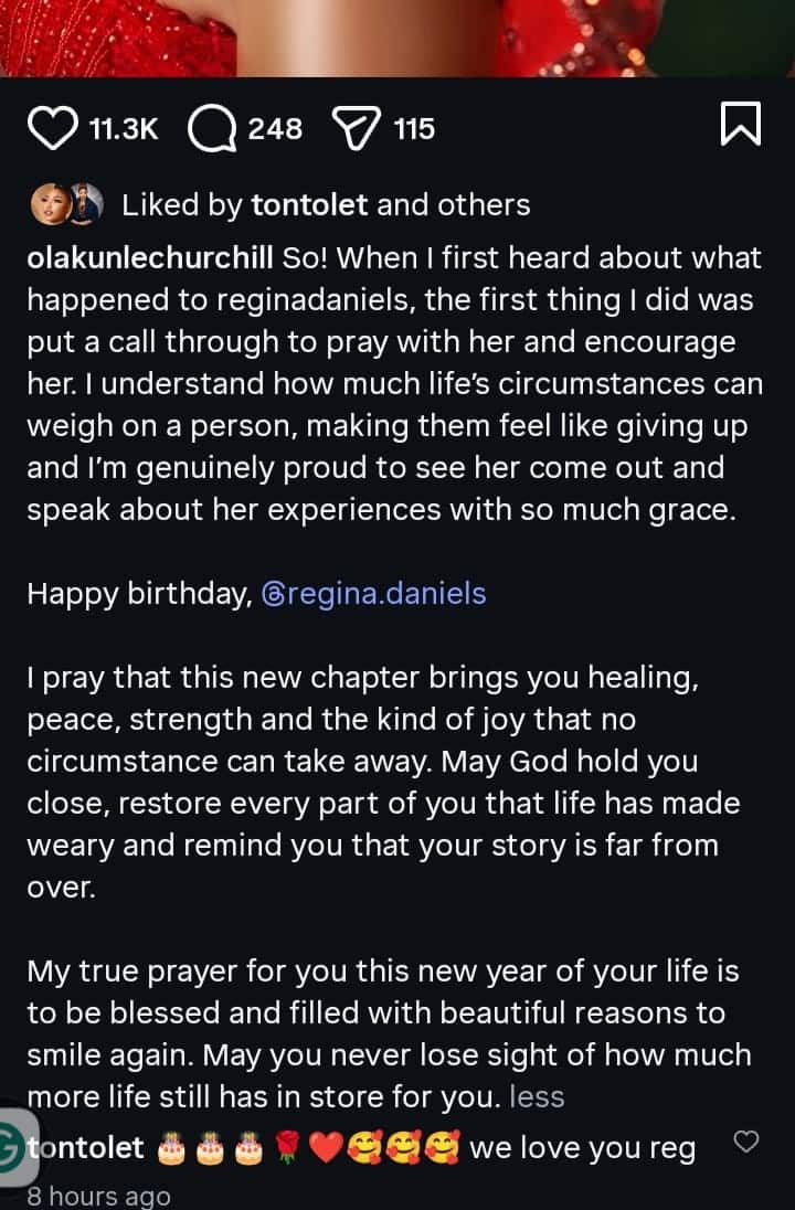 “What I first did when I heard about what happened to Regina Daniels” – Olakunle Churchill spills as he writes note to actress