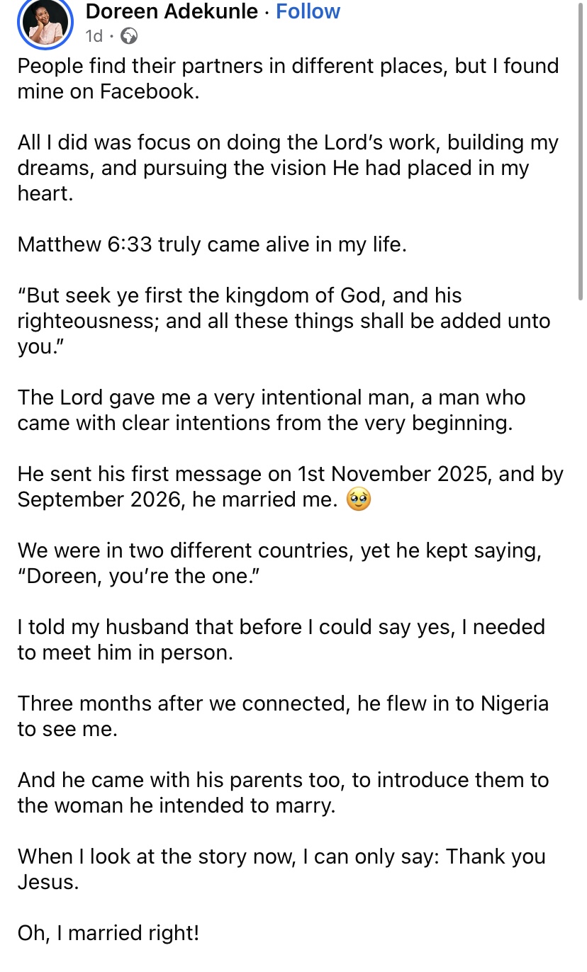 “I found mine on Facebook” – 22-year old lady marries man she met on FB 10 months ago, shares chats