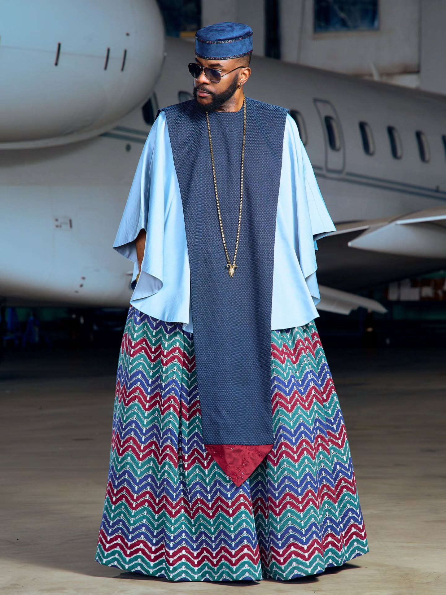 Ebuka Obi-Uchendu Paired a Sky-Blue Tunic With a Pleated Chevron Skirt on Big Brother Naija