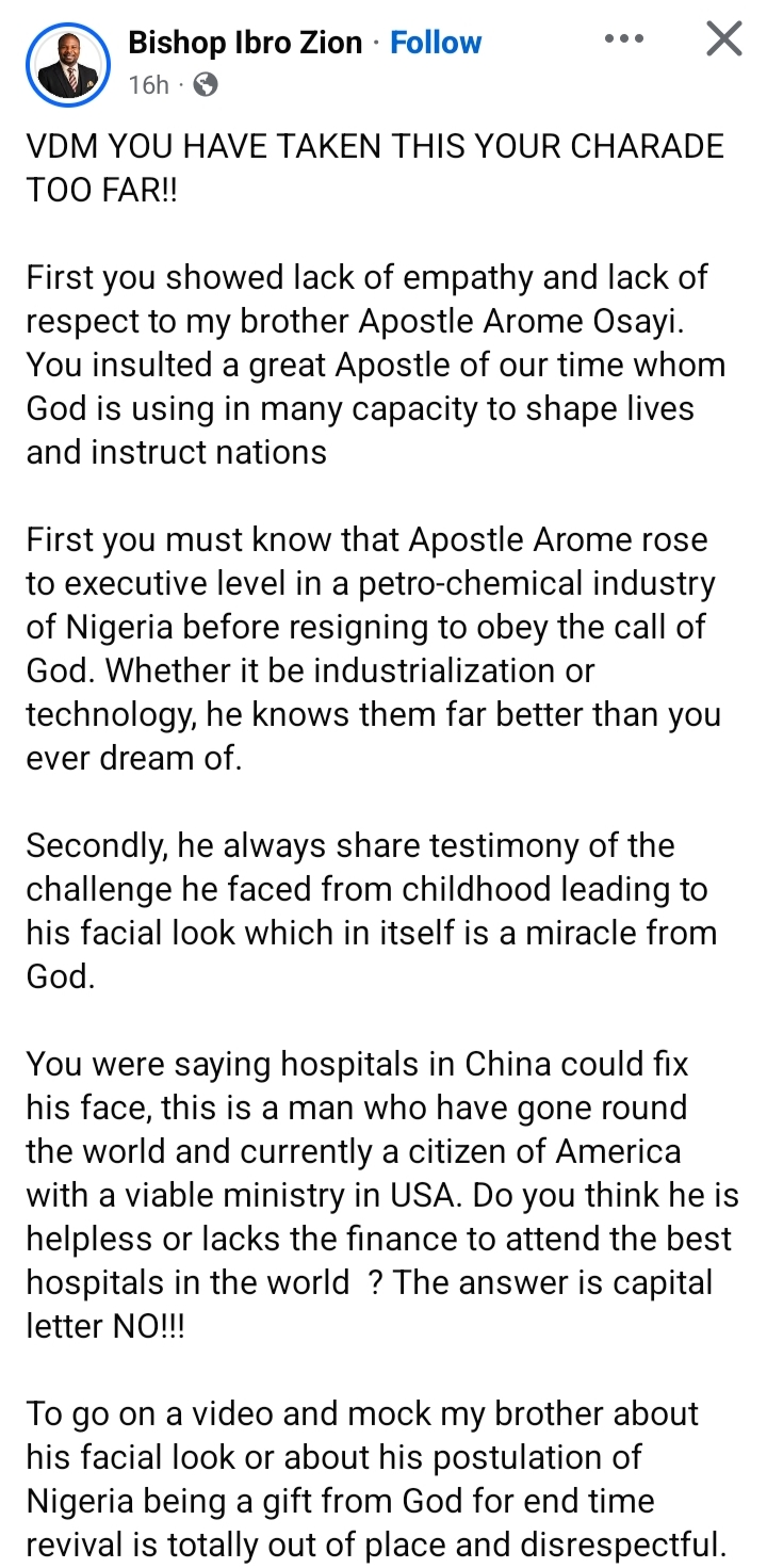 “VDM, you have taken this your charade too far” — Bishop Ibro Zion condemns VDM