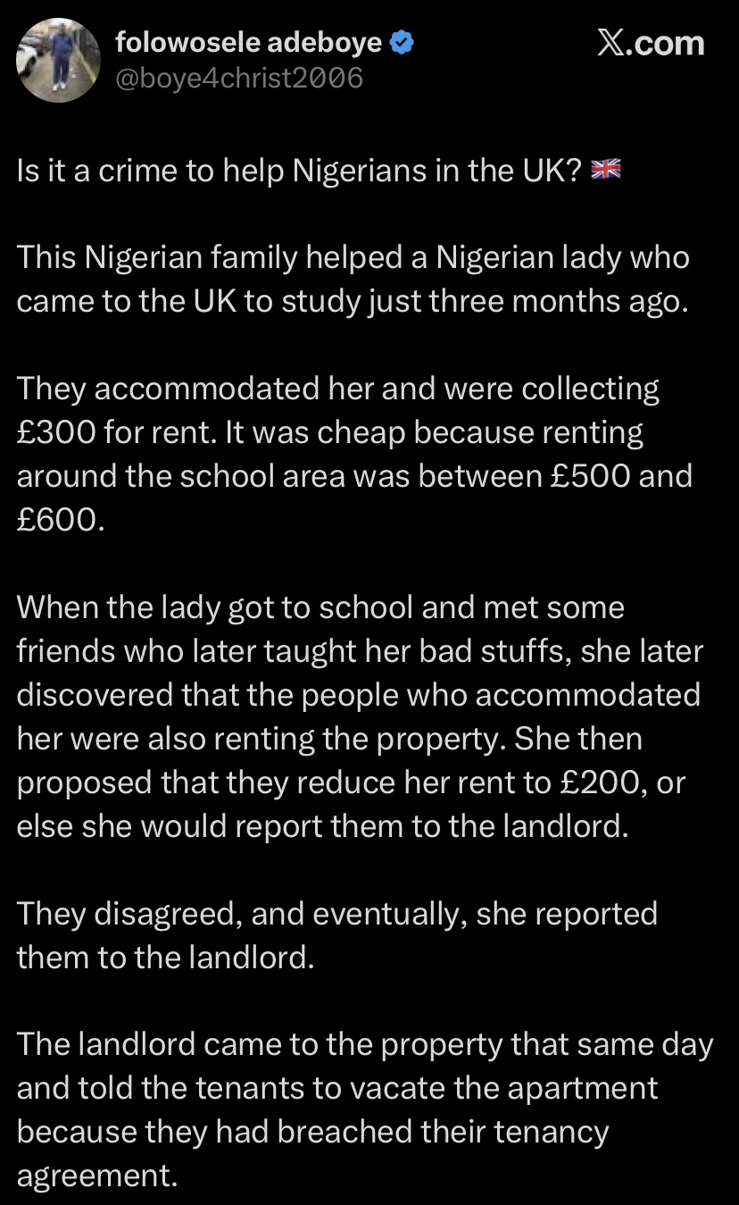 “She reported them to the landlord” – Nigerian family reportedly loses UK home after helping homeless student