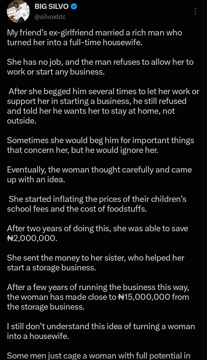 “Some men just cage a woman with full potential” — Woman secretly saves ₦2m after husband refuses to let her work