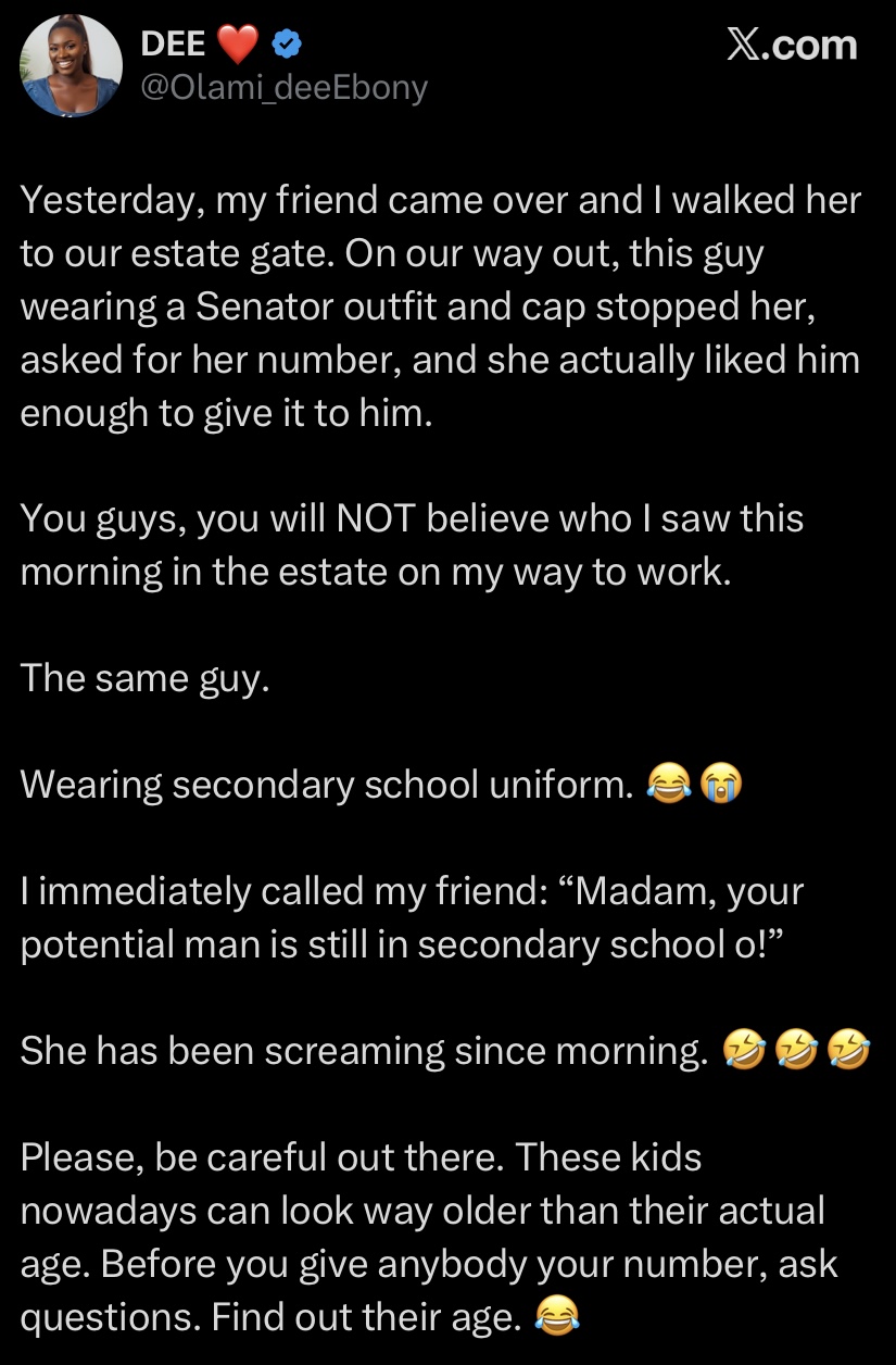 Lady in shock after giving number to man in senator outfit, sees him in secondary school uniform next day