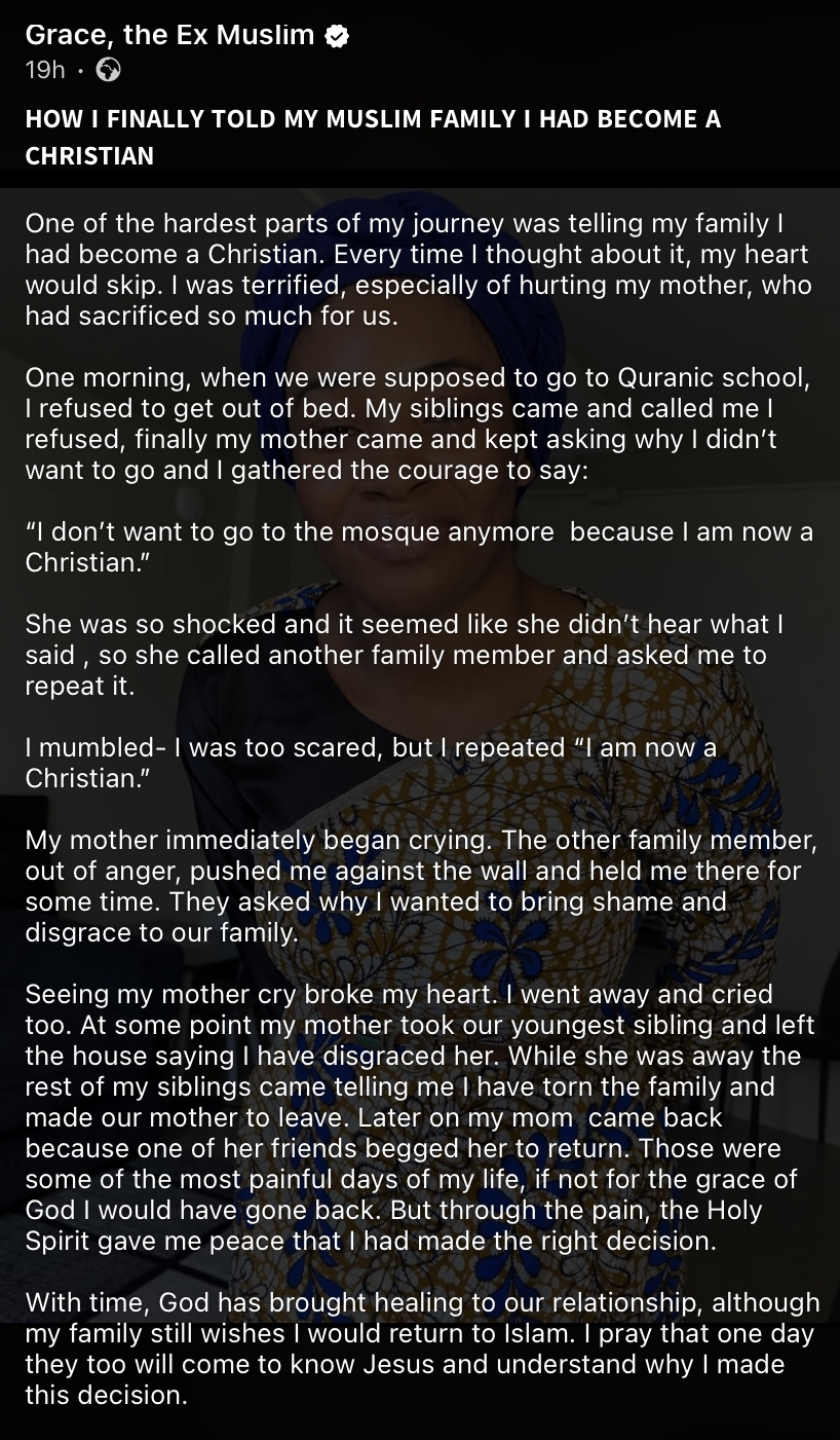 “I have disgraced you” – Ex-Muslim lady recalls mother’s reaction after she became Christian