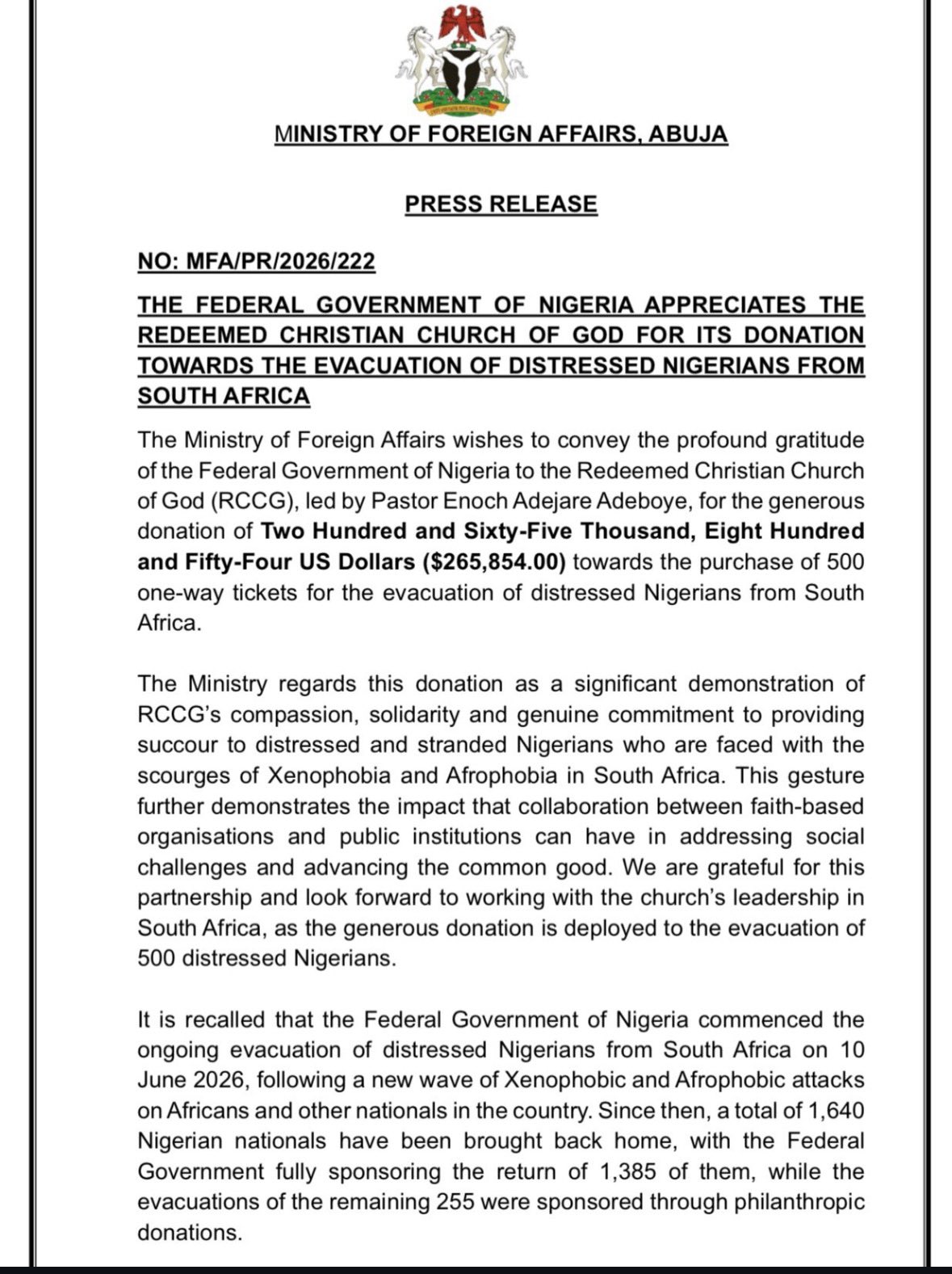 FG Thanks RCCG For Donating Towards Evacuation Of South Africa Returnees