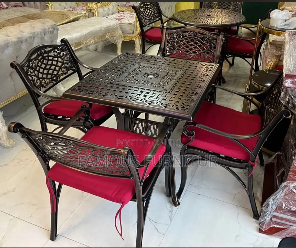 Cast Aluminium Outdoor Dining Set Featuring a Square Patterned Table