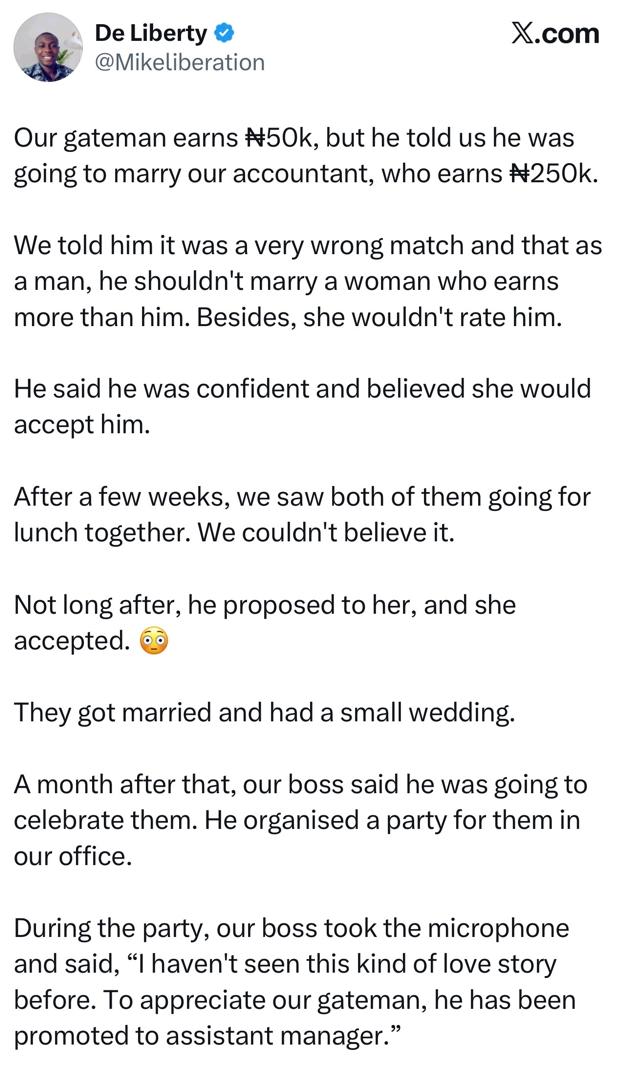 “We told our gateman not to marry our accountant earning ₦250k, but he refused…” – Man shares unexpected love story