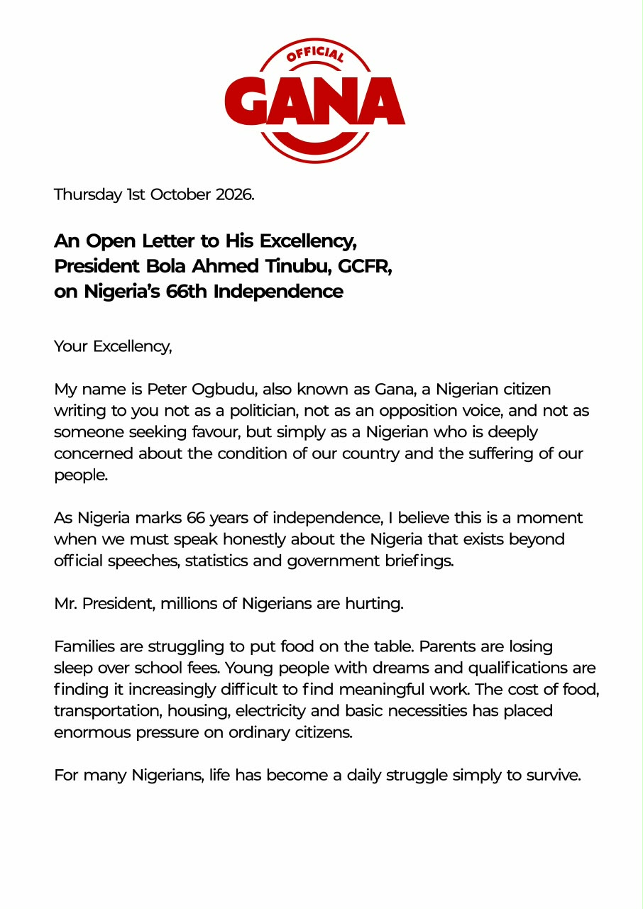 Open Letter To President Bola Tinubu On Nigeria’s 66th Independence.
